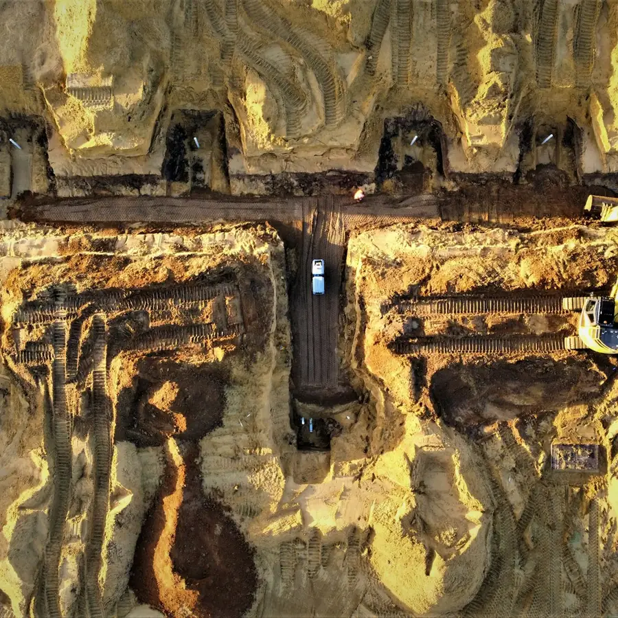Aerial view of excavation and earthworks on a construction site
