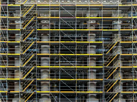Scaffolding covering the facade of a building
